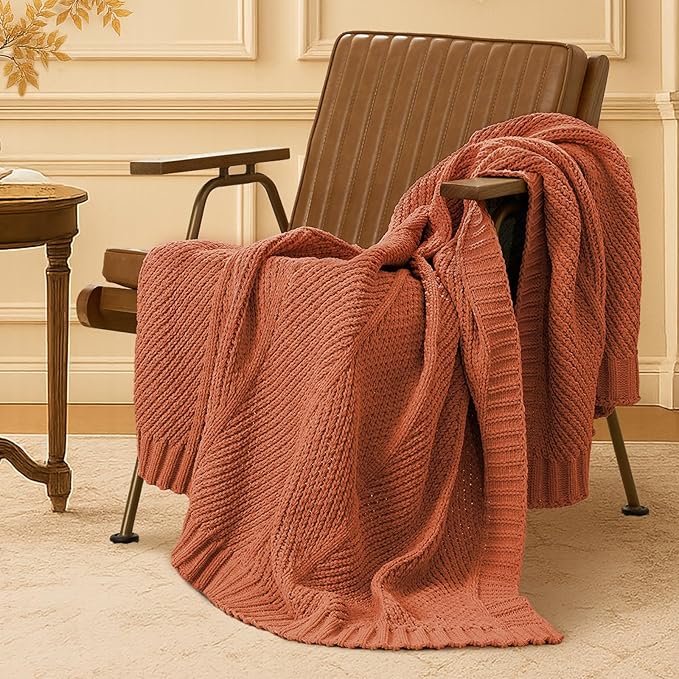 Chenille Knit Throw Blanket 50x60 - Burnt Orange Cozy Blanket for Couch & Sofa