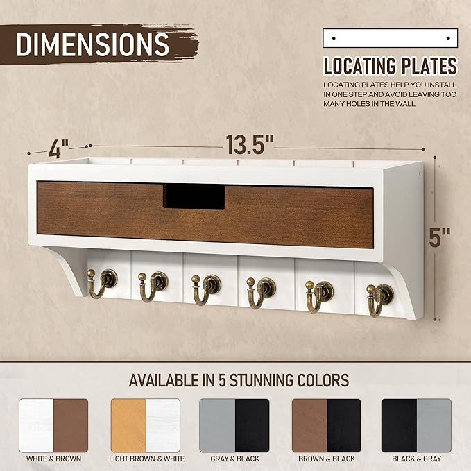 Rebee Vision Farmhouse Pine Wood Key Holder Wall Mount with Drawer Organizer – Decorative Mail Organizer with 6 Key Hooks & Wall Shelf – Home Organization and Room Decor (White & Retro Brown)