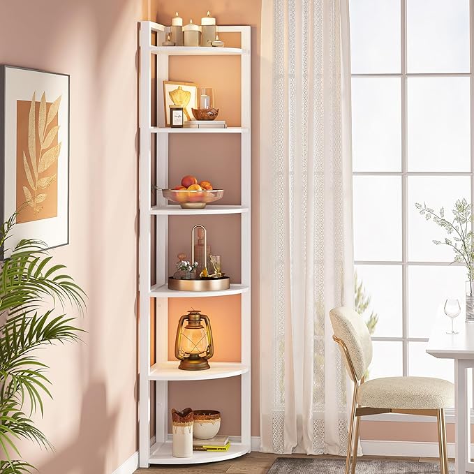 Tribesigns 6 Tier Corner Shelf, 70.9 Inch Tall Corner Bookshelf Small Bookcase Modern Corner Shelving Unit Storage Rack for Living Room, Home Office, Kitchen, Small Space (White)