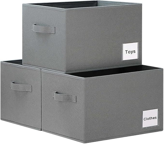 Large Fabric Storage Baskets for Shelves 3 Pack, 15x11in Closet Storage Bins for Shelves, Cloth Baskets for Organizing, Linen Closet Organizers, Grey