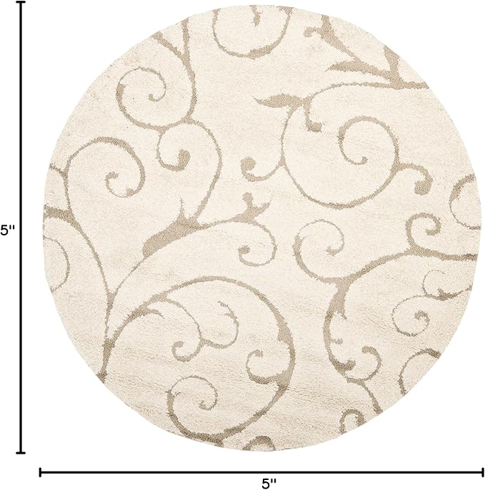 SAFAVIEH Florida Shag Collection Area Rug - 5' Round, Cream & Beige, Scroll Design, Non-Shedding & Easy to Clean, High-Low Plush Pile, Ideal for Living Room, Bedroom, Dining Space (SG455-1113)