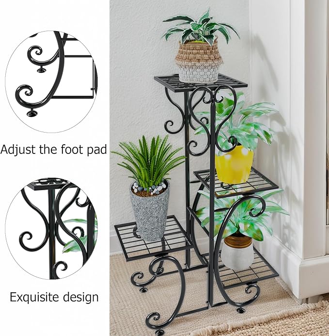 4 Tier Metal Plant Stand Indoor, Tiered Corner Plant Holders for Multiple Plants, 29 Inch Tall Flower Pot Holde Display Stand for Patio Garden Living Room Balcony Bedroom, Black