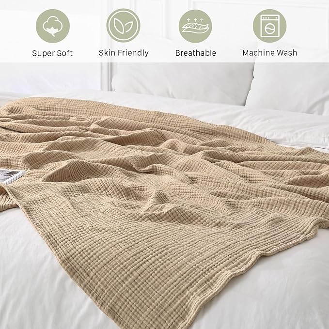 Muslin Blanket 100% Cotton Blanket Throw 108”x90”, Lightweight Breathable Summer Blanket Throw. Supersoft 4-Layer Gauze Throw Blanket for Sofa, Couch, Bed, All-Season Use, Sand