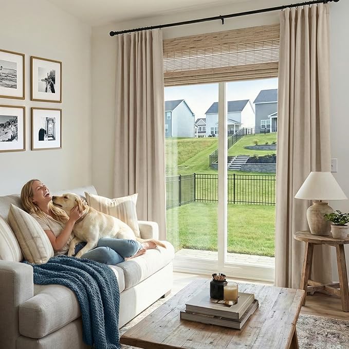 INOVADAY 100% Blackout Curtains for Bedroom, Black Out Curtains 96 Inch Long, Clip Rings Linen Blackout Drapes, Thermal Insulated Room Darkening for Living Room, 2 Panels - Burlywood Birch,W50xL96