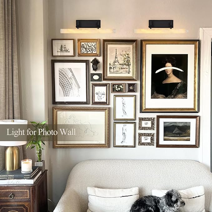 Alabaster Picture Lights for Wall, 20in Spanish Marble Picture Light Hardwired, Black Vanity Lights for Bathroom, Dimmable Modern Wall Lighting Gallery Light for Paintings, Bookshelf, Poster Display