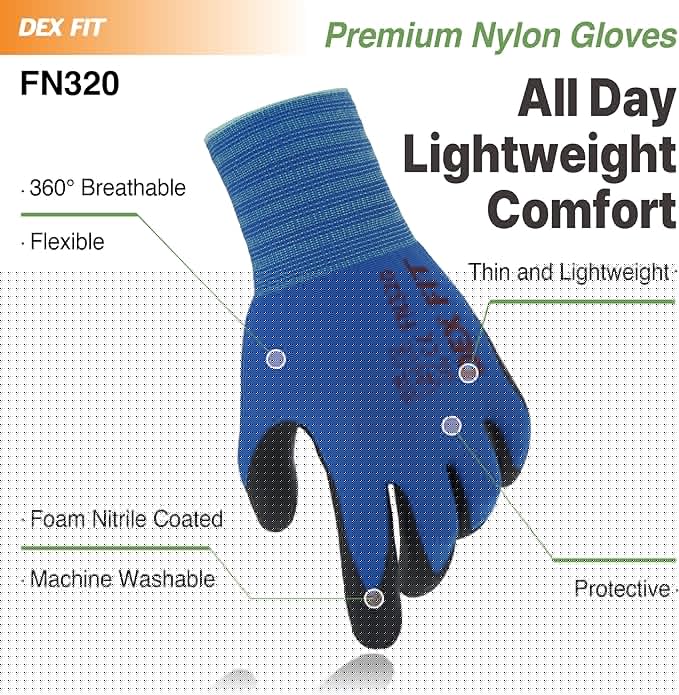 DEX FIT Premium Nylon Nitrile Work Gloves FN320, 12 Pairs, 3D-Comfort Stretchy Fit, Firm Grip, Thin & Lightweight, Durable, Breathable & Cool, Machine Washable; Blue 7 (S)