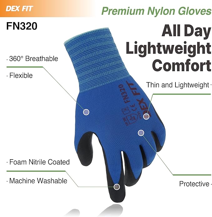 DEX FIT Nylon Work Gloves FN320, 3D Comfort Fit, Power Grip, Lightweight & Breathable, Touchscreen, Gardening, Yard Work, Warehouse, Delivery Driver Gloves; Blue 8 (M)