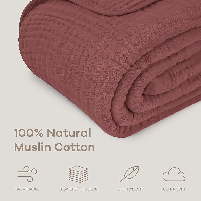 Comfy Cubs Muslin Throw Blanket - 50” x 60” Quilted Design - Lightweight, Breathable 6-Layer Gauze Fabric - Soft Cotton Blanket for Home or Travel - Packaged in Elegant Gift Box - Wine