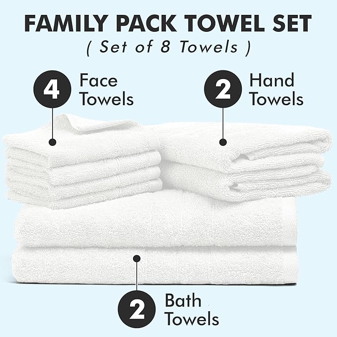 Bath Towels Set of 8 – 100% Cotton (White) Bathroom Towel Set Bale Includes 2 Bath, 2 Hand, 4 Face Towels – Soft, Absorbent & Quick Dry Towel for Bathroom, Spa, Kitchen, Hotel Use