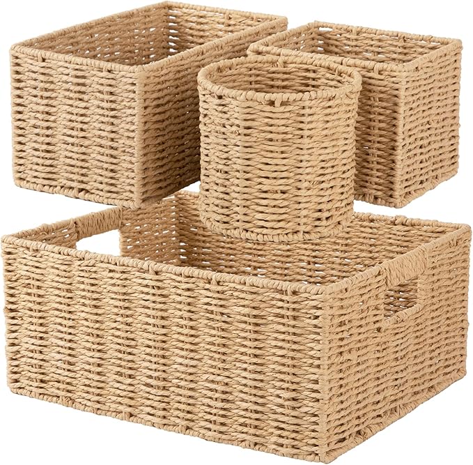 OIAHOMY Wicker Baskets for Organizing, Large and Small Shelf Baskets Set, Handwoven Bins for Storage,Paper Rope Home Organizers, Set of 4-Yellow