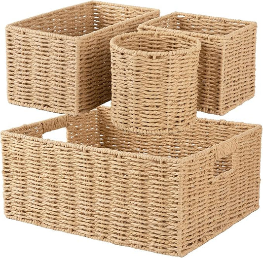 OIAHOMY Wicker Baskets for Organizing, Large and Small Shelf Baskets Set, Handwoven Bins for Storage,Paper Rope Home Organizers, Set of 4-Yellow