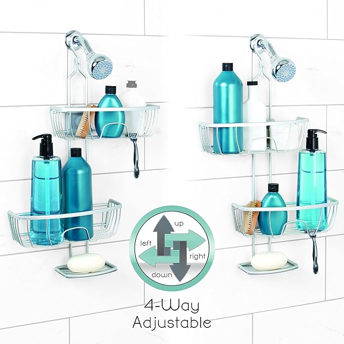 Zenna Home NeverRust Shower Caddy Hanging Bathroom Organizer, Aluminum Shower Rack with 2 Adjustable Shelves and Built in Hooks, Over Shower Head Storage System, Satin Chrome