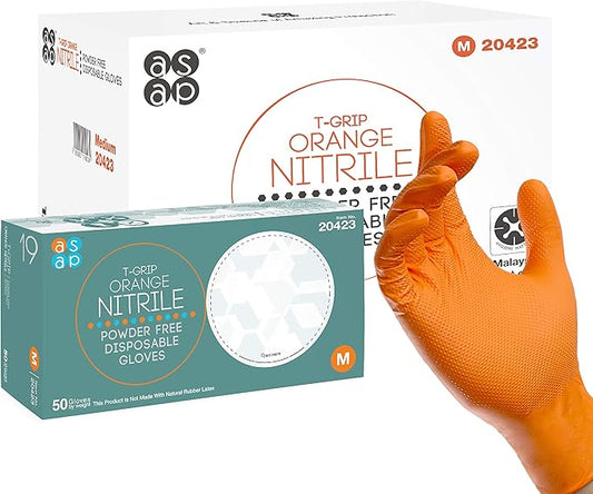 ASAP T-grip Orange Nitrile Gloves Disposable Latex Free 8 Mil, Raised Textured Grip Powder Free, Mechanic & Safety