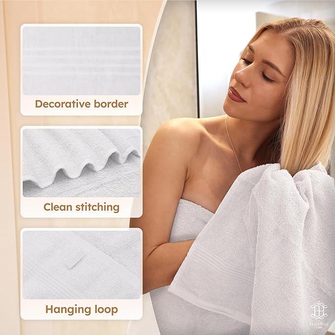 Luxe Set – Washcloths (30 x 30cm), Hand Towels (40 x 70cm) & Bath Towels (65 x 137 cm) – 100% Cotton, Soft, Absorbent, Easy Care, Versatile, (White)