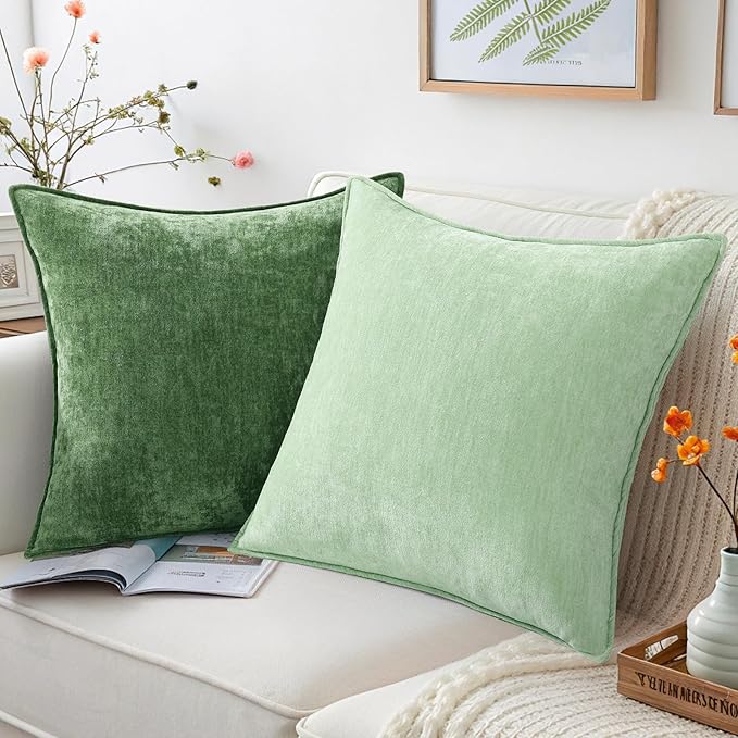 decorUhome Spring Couch Throw Pillow Covers 20x20 Set of 2, Decorative Soft Velvet Modern Cozy Chenille Pillow Cases with Elegant Design for Sofa Bed Living Room Home Decor, Sage Green
