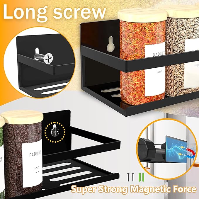 Magnetic Spice Rack Organizer for Fridge Seasoning Organizer for Kitchen Storage With Screw Magnetic Shelf for Oven, RV,Garage,Bathroom(Black, 4pack)