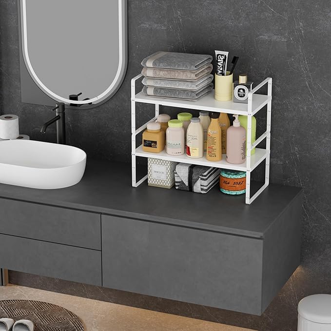 Cabinet Organizer Shelf,Expandable Counter Spice Rack,Stackable Shelf,Adjustable Storage Riser for Kitchen Pantry Countertop Cupboard,White,D:8.07"
