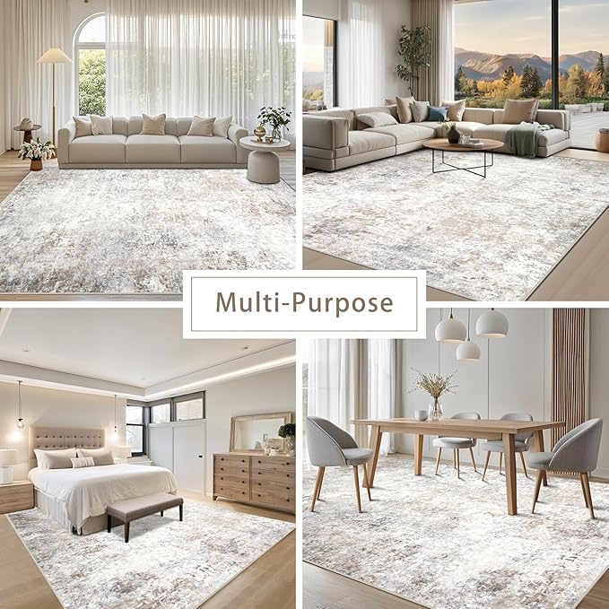 Washable Rugs 10x14 Area Rugs for Living Room,Modern Abstract Rugs for Bedroom,Large Carpets,Ultra Soft Faux Wool Retro Dining Room Rug,Non Slip&Non-Shedding Low Pile Print Rug- Beige Grey