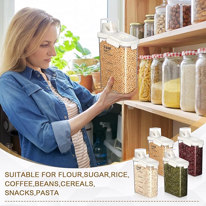 4 PCS Cereal Containers Storage 2.8L Airtight Large Dry Food Containers with Pouring Spout Cereal Storage Dispenser Measuring Cup for Flour and Baking Supplies, White