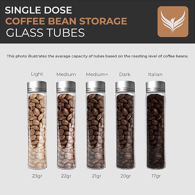 Coffee Storage and Dosing Cup Set - Single Dose Glass Tubes with Wooden Stand, Walnut Dosing Tray, and RDT Spray Bottle - Premium Coffee Preparation Set