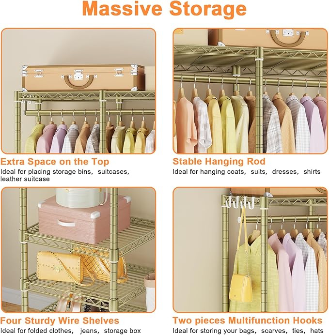 Ulif F4R Heavy Duty Clothes Rack(With Lockable Wheels )Rolling Clothing Racks for Hanging Clothes，Adjustable Closet Organizer System，Portable Garment Rack 45"W x 15.8"D x 73.5"H，Max Load 650LBS,Gold