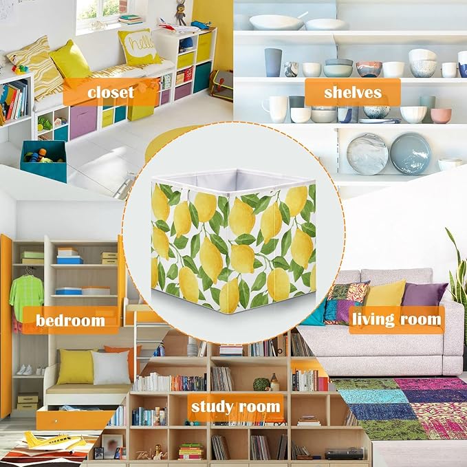 Bolaz Yellow Lemon Closet Organizers Storage Cubes Storage Bins Shelf Baskets Containers for Home Kids Room Toys Office,Square