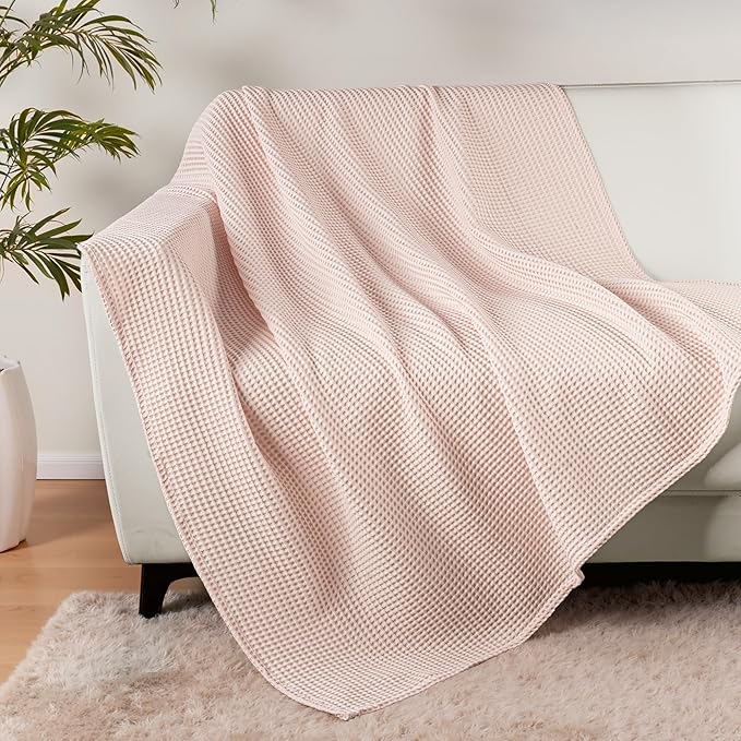 Exclusivo Mezcla 100% Cotton Waffle Weave Throw Blanket, Soft, Lightweight and Breathable Muslin Gauze Blanket for Couch, Sofa, All Season, 50"x70", Pink