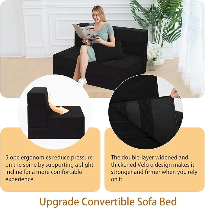 Sofa Bed Foldable Mattress ，Folding Sleeper Sofa Chair Bed Floor Mattress with Pillow for Living Room Home Office (Black-Corduroy, Twin)