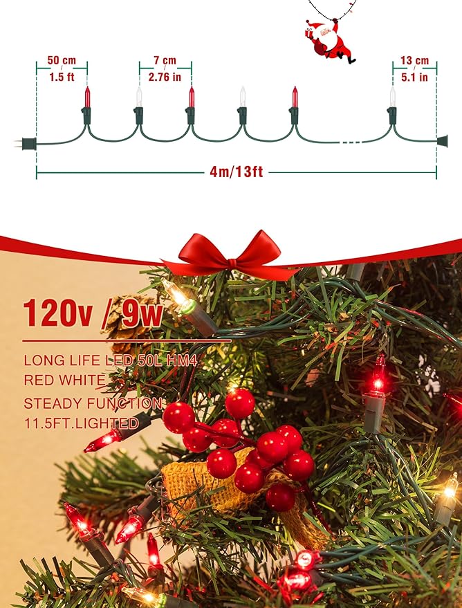 Hopolon Red and Warm White Christmas Lights，2PACK 50Count 13FT Mini Lights Connectable Christmas String Light Xmas Tree Light Incandescent Plug in Waterproof for Home Yard Party Wedding Holiday Decor