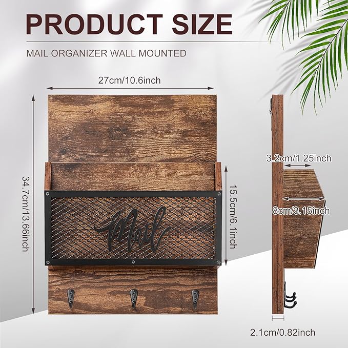 Farmhouse Mail Organizer Wall Mounted Rustic Mail Holder Hanging Key Sorter with 3 Hooks Indoor Wooden Wall Mounted, Letter, Magazines, Newspapers, Keys(Classics,Brown)