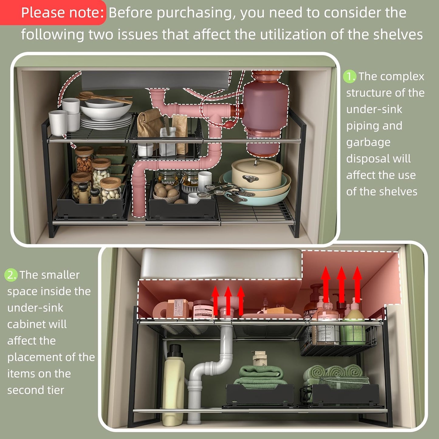 Under Sink Organizers and Storage,Kitchen Cabinet Organizer,2 Tier Under Sink Expandable Shelves，Bathroom Cabinet Organizer with Pull Out Drawers,(30.9-31.64)" W x 14.69" D x 15.83" H,Black
