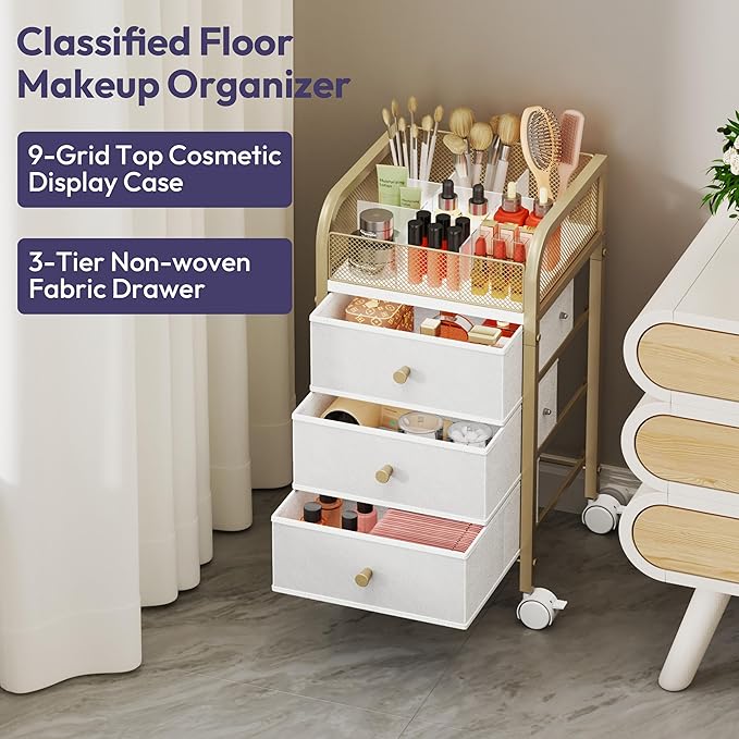 SWTYMIKI Rolling Makeup Organizer Cart - Floor Skincare Make Up Storage with 3 Non-woven Drawers, Vanity Organizer Cosmetic Display Cases Cabinet for Skin Care Perfume Nail Polish Brush Hair Tool