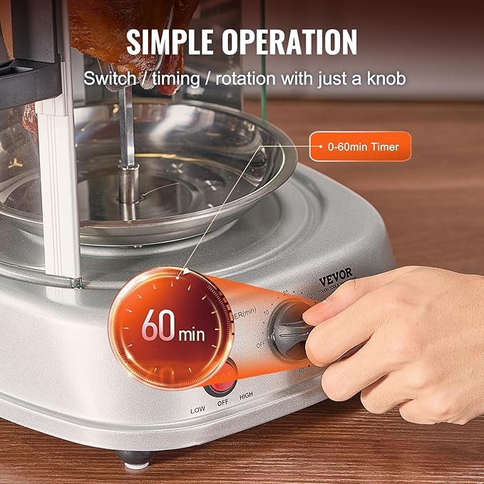 VEVOR Shawarma Grill Machine, Vertical Chicken Shawarma Cooker Machine Countertop, Electric Stainless Steel Broiler Gyro Rotisserie Oven Doner Kebab Machine, for Home Restaurant Kitchen Parties
