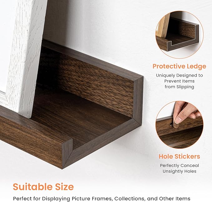 RICHFOCUS Picture Ledge Shelf, 36 inch Floating Shelves Set of 2, Wood Wall Shelves with Lip, Wall Decor Storage for Bedroom Living Room Bathroom Kitchen Nursery Photo Picture, Walnut