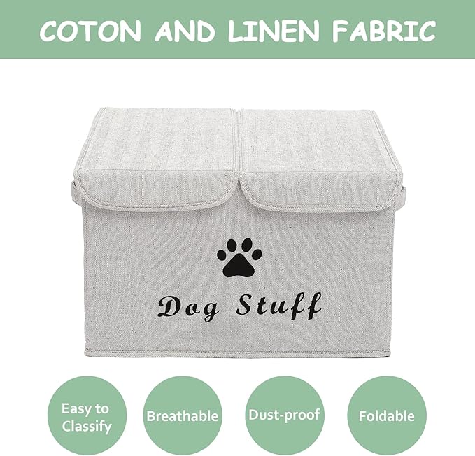 Geyecete Large Storage Boxes - Large Linen Fabric Foldable Storage Cubes Bin Box Containers with Lid and Handles for Dog Apparel & Accessories, Dog Toys, (Striped Gray)