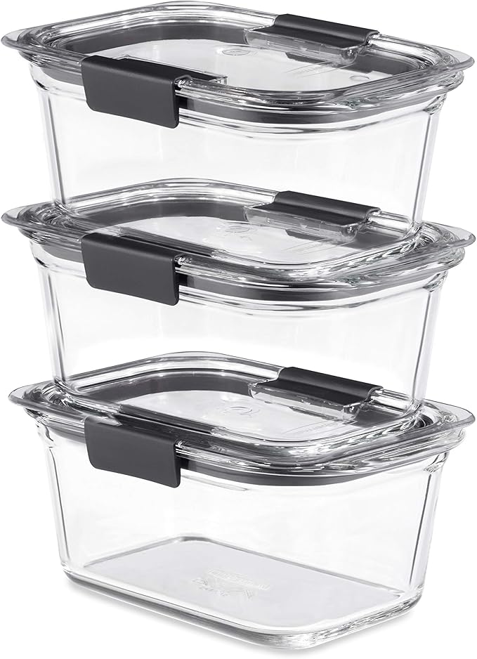 Rubbermaid Brilliance Glass Storage 4.7-Cup Food Containers with Lids, Clear (Pack of 3) & Leak-Proof Brilliance Food Storage Set | 9.6 Cup Plastic Containers