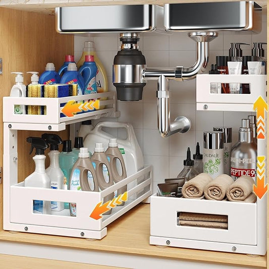 L-Shaped Metal Under Sink Organizer, 2-Tier Double Pull-Out Cabinet Organizer for Kitchen & Bathroom Storage, Height Adjustable, Smooth Cylinder Rail, White, 2 Packs