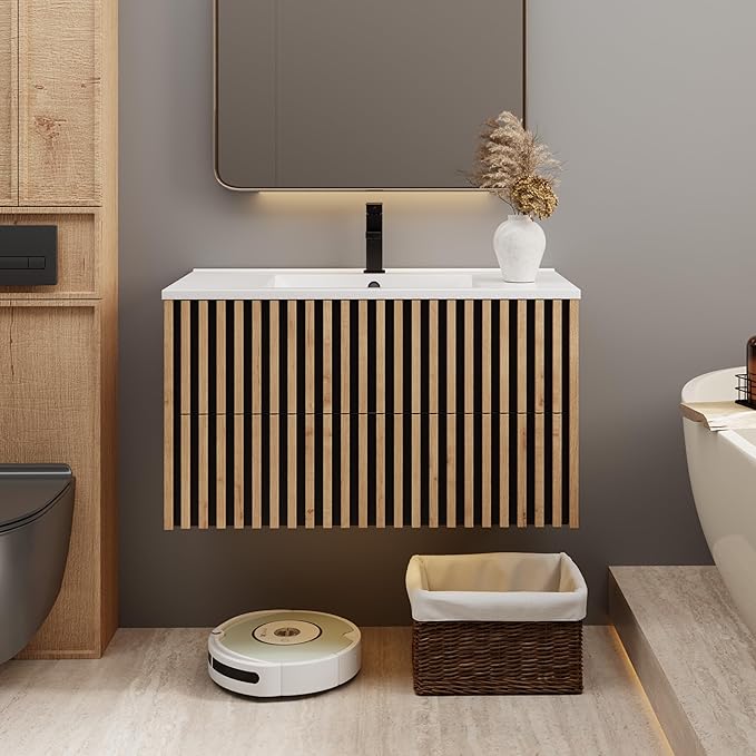eclife 36" Floating Bathroom Vanity with Sink Combo, Modern Wall Mounted Cabinet with 2 Fluted Drawers, Undermount Sink, Faucet, Drain, Mixed Natural