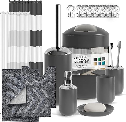 Clara Clark Bathroom Accessories Set - 23PC Shower Curtain Set with Bathroom Trash Can, Grey Bathroom Set, Bathroom Sets with Shower Curtain and Grey Rugs
