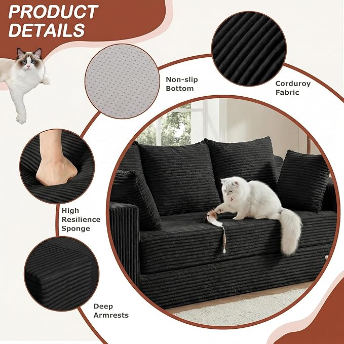 Convertible Sofa Bed, 5 in 1 Small Boneless Couch Pull Out Loveseat Sleeper Sofa,Corduroy Futon Couch Folding Mattress with 4 Pillows for Living Room Bedroom Lounge (No Assembly)