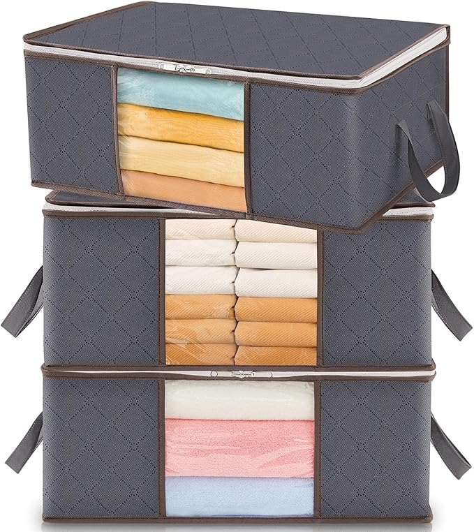 Lifewit 3 Pack 35L Clothes Storage Bins with Lids, Foldable Blanket Storage Bags with Zippers, Clear Window and Reinforced Handles, Closet and Organization for Clothing, Sweater, Comforter, Bedding