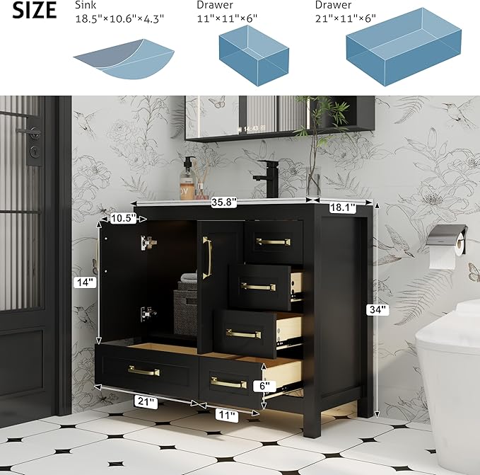 eclife 36" Bathroom Vanities with Sink Combo, Modern Thickened Wood Bathroom Storage Cabinet w/Undermount Sink, Matte Black Faucet Drain, Painted Surface, Black