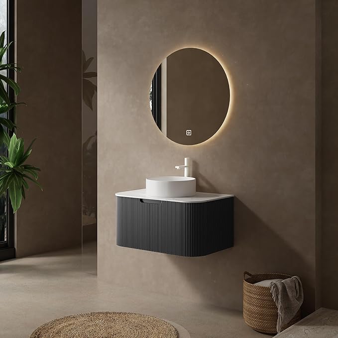KEIKI 30" Bathroom Vanity Cabinet with Sink Combo, Wall Mounted Curved Edges Striped Floating Bathroom Vanity with Soft-Close Drawer, White Round Ceramic Basin Without Faucet, Black