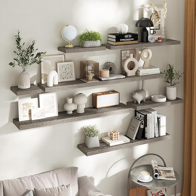 55 Inch Floating Shelves for Wall Set of 2, 8"D Wood Grain Bathroom Shelves with Invisible Brackets, Easy Install Engineered Wood Storage Shelves for Kitchen, Living Room, Bedroom, Grey Oak Finish