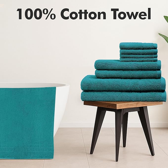 Bath Towels Set of 8 – 100% Cotton (Teal) Bathroom Towel Set Bale Includes 2 Bath, 2 Hand, 4 Face Towels – Soft, Absorbent & Quick Dry Towel for Bathroom, Spa, Kitchen, Hotel Use