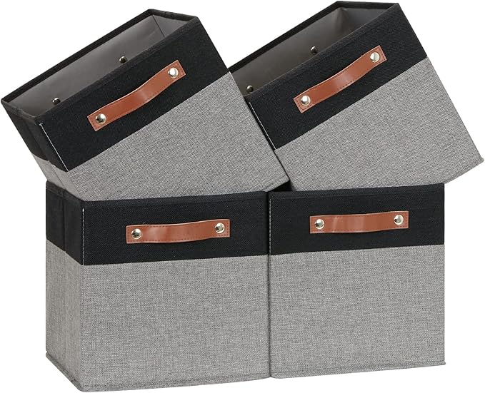 Temary 11 x 11 Cube Storage Bins Fabric Storage Cubes for Shelf, Closet, 4 Pack Cube Basket for Clothes, Storage Cube Bins with Leather Handles(Black&Grey)