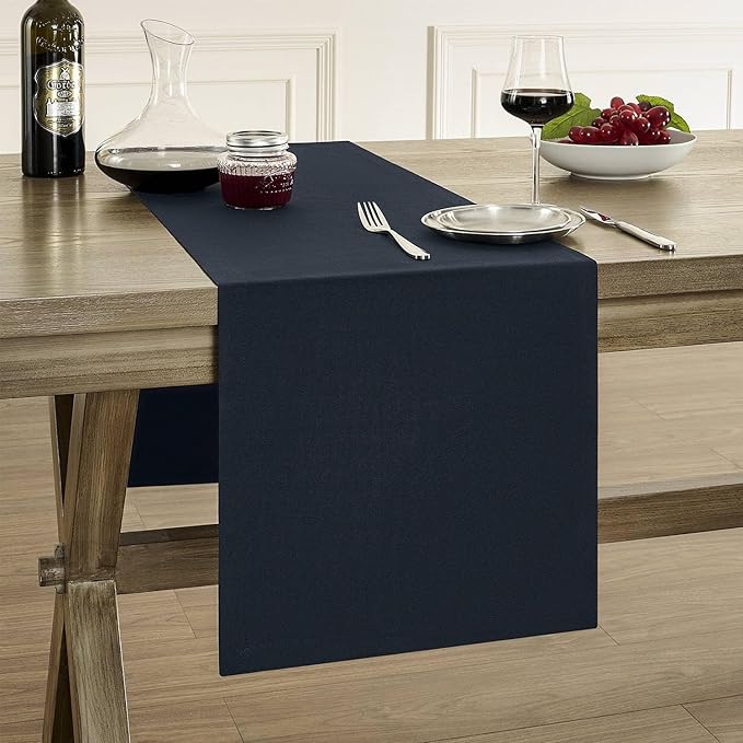 ZeeMart Basic Linen Style Table Runner, 14 x 90 Inch Dark Navy, Rustic Farmhouse Dark Blue Table Runners 90 Inches Long, Everyday Polyester Table Runner - Machine Washable & Easy Care