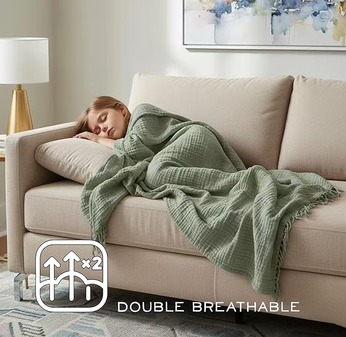 KyraHome 100% Organic Cotton Muslin Throw Blanket, 90"x90" Queen Size, Plant Dyed, Warm, Breathable Gauze Muslin Cotton Blankets for Bed, Cocuh, Coverlet, All Season, Sage Green