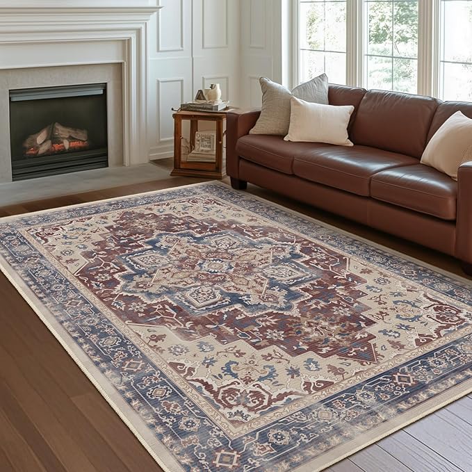 Maroon Blue 5x8 Area Rugs for Living Room, Modern Vintage Medallion Dining Room Rug Washable Non Slip, Transitional Distressed Low Pile Thin Carpet Rugs for Den/Bedroom/Foyer/Home Office