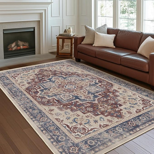 Maroon Blue 5x8 Area Rugs for Living Room, Modern Vintage Medallion Dining Room Rug Washable Non Slip, Transitional Distressed Low Pile Thin Carpet Rugs for Den/Bedroom/Foyer/Home Office